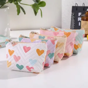 Cute quilted heart coin purse set, small leather zipper makeup bag and mini card holder.