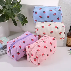 Corduroy strawberry makeup bag set, large capacity portable cosmetic pouch for women travel.