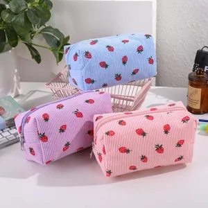 Corduroy strawberry makeup pouch set, cute large capacity travel cosmetic and storage bag.