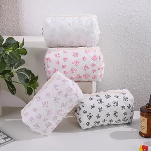 Quilted cosmetic bag with cute bow print large capacity portable makeup organizer pouch