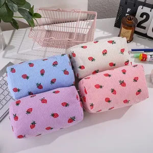 Cute corduroy strawberry makeup bag large capacity portable cosmetic storage pouch