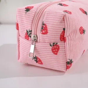 Pink corduroy strawberry cosmetic bag portable zipper makeup pouch for travel daily use