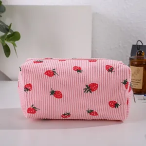 Cute strawberry corduroy cosmetic bag large capacity portable makeup storage pouch for women