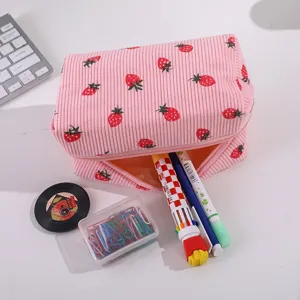 Pink corduroy strawberry makeup bag large capacity portable travel toiletry pouch for women