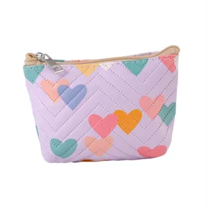 Cute purple leather coin purse with colorful heart pattern, mini portable zipper card pouch.