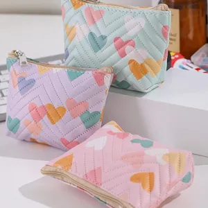 Cute quilted leather coin purse mini makeup pouch portable heart storage card bag!