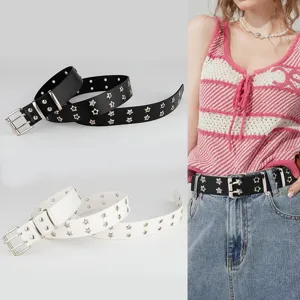 Cintura stile punk con ritaglio a stella doppia fibbia ardiglione da donna, ecopelle.