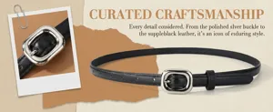 Detailed view of the sleek black leather belt featuring a polished silver square buckle.