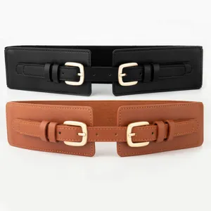 Wide elastic waist belt featuring double metal buckles in stylish black and brown colors.