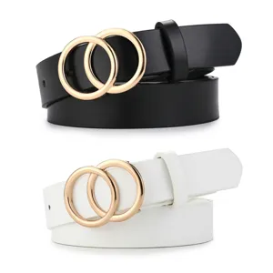 Women Fashion Minimalist PU Leather Belt Double O Ring Metal Buckle Casual Dress Jeans Waist Belt Accessory