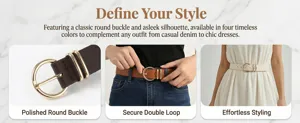 Stylish women faux leather belt featuring a polished round buckle and secure double loop design.
