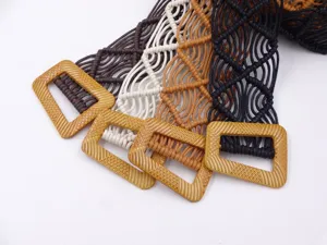 Woven belt detail close-up view showing hollow wax rope texture and wooden buckle design.