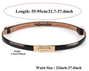 Black patent leather skinny waist belt with gold interlocking buckle for women dress and suit.