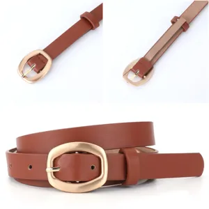 Donna Marrone PU Pelle Cintura Fibbia Ovale Oro Minimalista Casual Abito Jeans Cintura