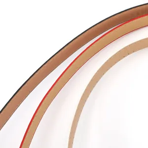 Detailed view of women's thin faux leather waist belt with neat stitching and colorful edges.