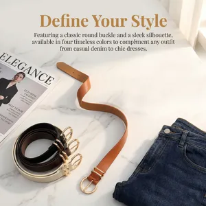 Women fashion PU leather belt with classic round metal buckle, casual dress jeans belt.