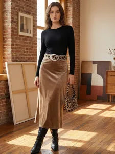 Detaillierte Nahaufnahme des eleganten Retro Damengürtels mit ovaler Schnalle und Outfit.