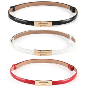 Elegant women's thin patent leather waist belt with stylish gold interlocking buckle design.