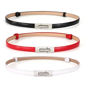 Women thin patent leather belt dress waist decoration metal buckle stylish minimalist accessory