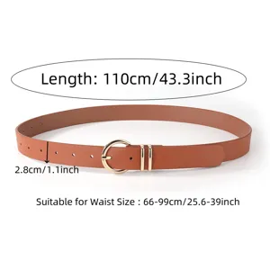 Detailed view of women brown faux leather belt featuring a gold round buckle and specs