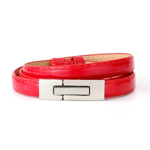 Red patent leather skinny belt with silver metal buckle for dress and suit decoration
