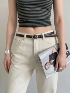 Stylish women thin brown leather belt with square silver buckle versatile jeans accessory.
