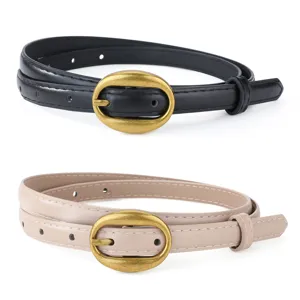 Cintura sottile da donna in pelle sintetica con fibbia ovale vintage, accessorio versatile.