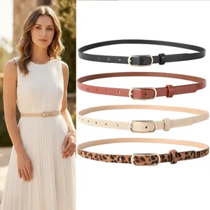 Women's Minimalist PU Leather Thin Belt Fashion Casual Elegant Gold Metal Buckle Waist Band For Jeans Dress Accessories