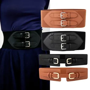 Women Wide Elastic Cinch Belt Retro Faux Leather Double Buckle Waist Band Corset Belt For Trench Coat Dress