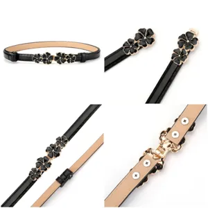 Women black thin dress belt with gold enamel flower buckle adjustable fashion waist waist-band