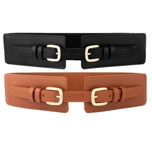 Women wide elastic belt double buckle black brown waist cincher for dress trench coat