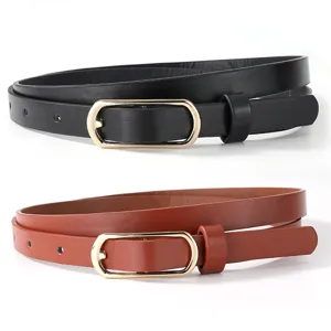 Women thin leather belt fashion simple versatile gold buckle waist band for jeans and dress