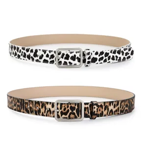 Cintura da donna con stampa leopardata e fibbia ad ardiglione quadrata, stile casual.