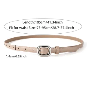 Women thin leather belt with silver square buckle casual jeans waist belt 105cm length.