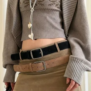Women retro suede double layered belt set vintage chic metal square buckle waist strap accessory
