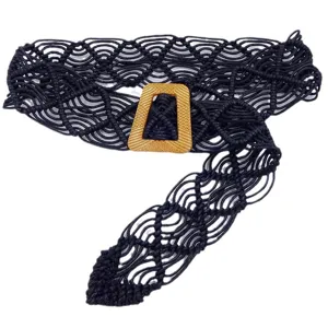 Bohemian handmade black macrame woven belt for women with geometric square buckle.