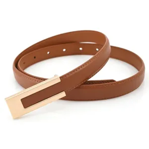 Retro brauner schmaler Ledergürtel mit goldener Metallschließe, stylisches Accessoire.