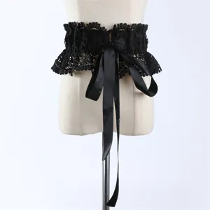 Ceinture corset large en dentelle noire avec nœud en satin, design élégant pour robe de femme.