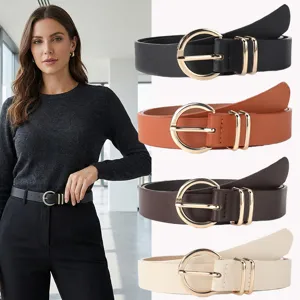 Women's PU Leather Belt Gold Round Metal Buckle Casual Dress Jeans Belt Minimalist Fashion Waist Strap Female Accessories
