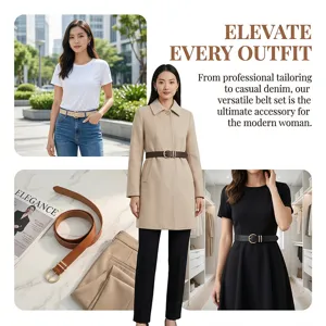 Versatile women faux leather belt set with gold buckle, perfect for dresses and casual jeans.