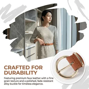 Women faux leather belt with gold round buckle, stylish accessory for dresses and jeans.
