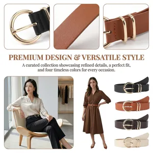 Women PU leather belt with gold round buckle, versatile style for jeans, dresses and suits.