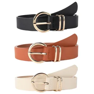 Women PU leather belt set with gold round buckle casual dress waist belts 3 pack