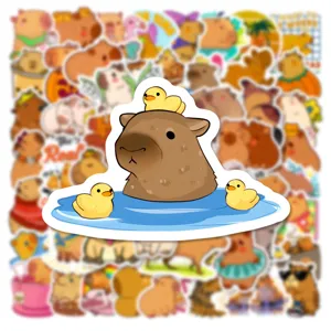 Cute capybara waterproof stickers detail view, 50pcs cartoon animal decals for laptop and luggage.