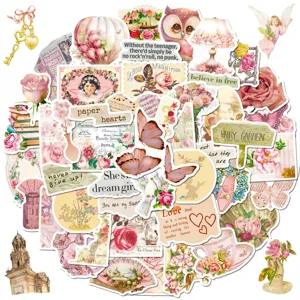 Pink vintage aesthetic sticker set, retro botanical butterfly journal stickers waterproof.
