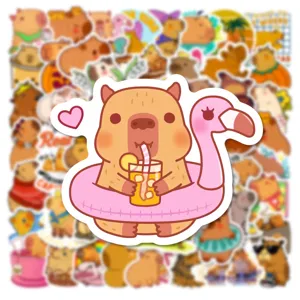 Cute cartoon capybara waterproof vinyl stickers for luggage laptop water bottle decor.