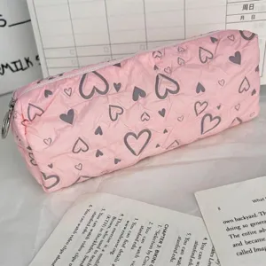 Rosa gestepptes Federmäppchen mit grauen Herzen, großes Kapazität Schreibwarenetui für Schule.