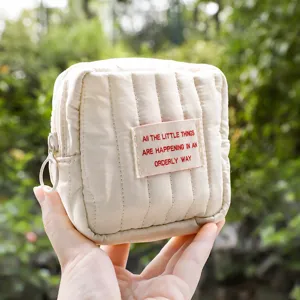 Portable Mini Quilted Cosmetic Bag Minimalist Solid Color Pouch Small Makeup Storage Zipper Toiletry Organizer For Women
