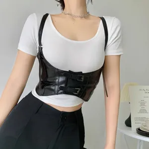 Punk stijl zwart leer korset vest riem met bandjes, stijlvolle taille corsage voor vrouwen.