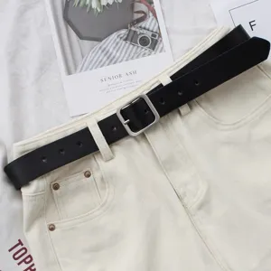Minimalist black leather belt for women with square metal pin buckle versatile stylish accessory.